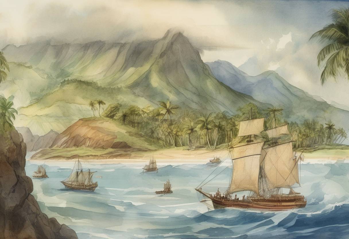 Watercolor painting based depiction of James Cook became the first known European to discover the Hawaiian Islands, which he named the "Sandwich Islands." (1778)