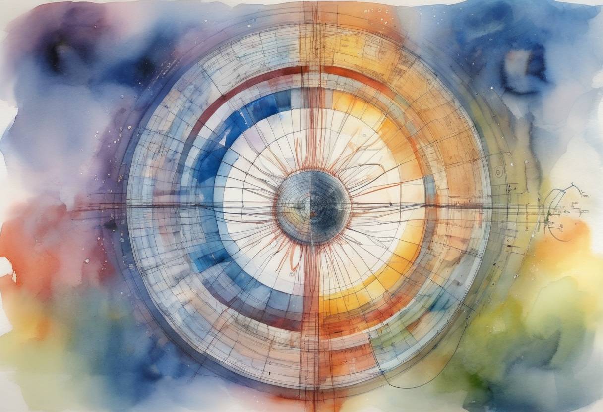 Watercolor painting based depiction of The discovery of the Higgs boson particle was announced by scientists at CERN, confirming a key part of the Standard Model of particle physics. (2012)