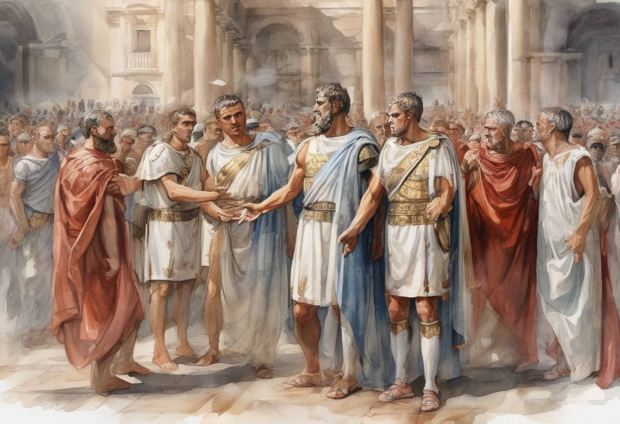 Watercolor painting based depiction of Diocletian and Maximian appoint Constantius Chlorus and Galerius as Caesars, marking the beginning of the Tetrarchy in the Roman Empire. (293)