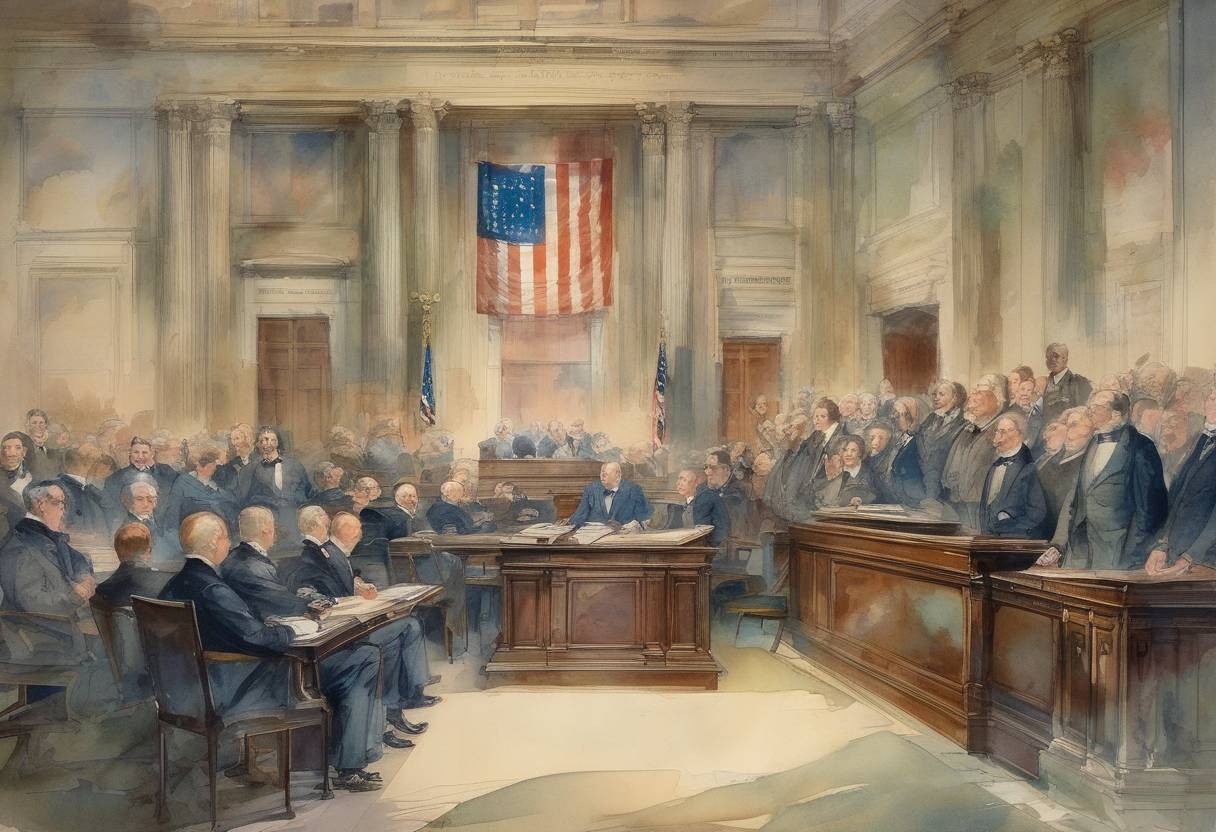 Watercolor painting based depiction of The Sixteenth Amendment to the United States Constitution was ratified, authorizing the federal government to impose and collect an income tax. (1913)