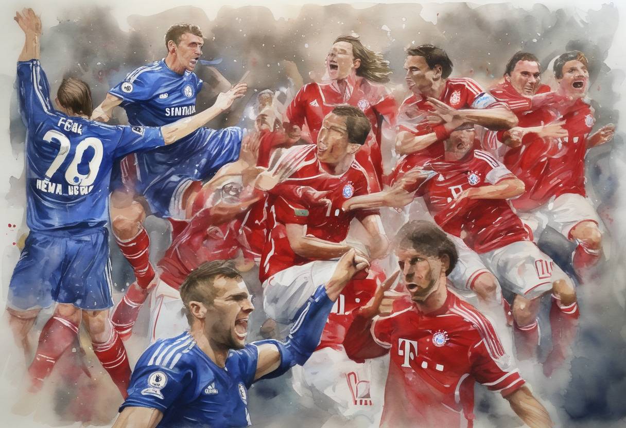 Watercolor painting based depiction of Chelsea Football Club won the UEFA Champions League for the first time, defeating Bayern Munich in a penalty shootout. (2012)