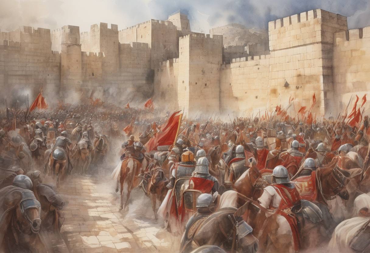 Watercolor painting based depiction of The Siege of Jerusalem by the Roman army led by Titus reaches a critical point as the Roman forces breach the Second Wall of Jerusalem, leading to intense fighting within the city. (70)