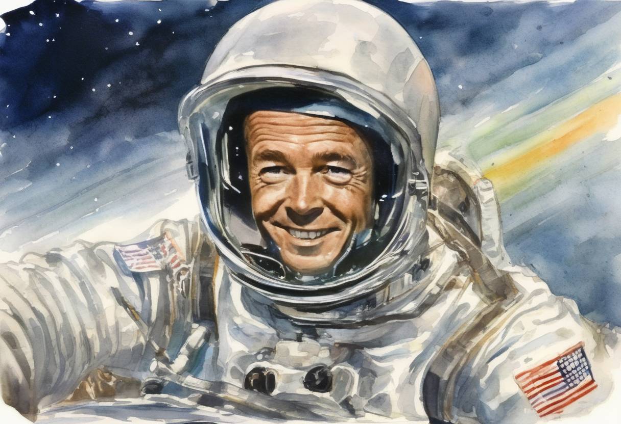 Watercolor painting based depiction of Astronaut Scott Carpenter orbits the Earth three times in the Aurora 7 space capsule, becoming the second American to orbit the Earth. (1962)