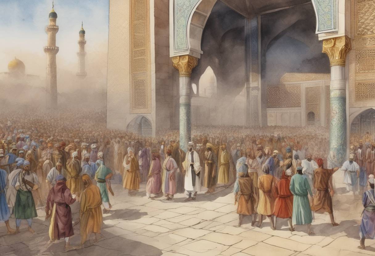 Watercolor painting based depiction of The assassination of Ali ibn Abi Talib, the fourth caliph of Islam, took place. Ali was attacked by a Kharijite named Abd al-Rahman ibn Muljam while praying in the Great Mosque of Kufa. He succumbed to his injuries two days later, leading to significant political and religious ramifications within the Islamic community, particularly contributing to the Sunni-Shia split. (661)