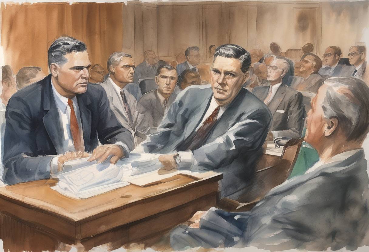Watercolor painting based depiction of Whittaker Chambers accused Alger Hiss of being a communist and a spy for the Soviet Union during testimony before the House Un-American Activities Committee, leading to a highly publicized trial and Hiss's eventual conviction for perjury. (1948)