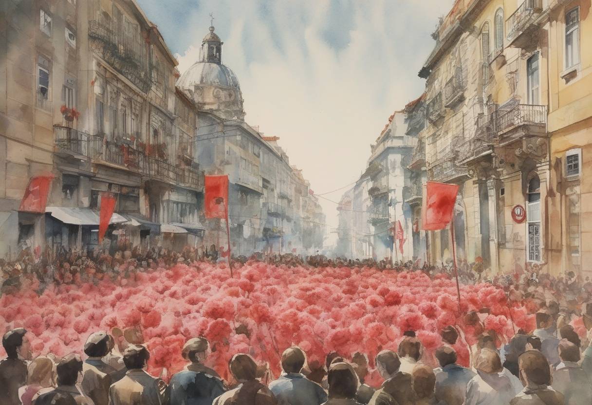 Watercolor painting based depiction of The Carnation Revolution took place in Portugal, a nearly bloodless coup that led to the fall of the Estado Novo regime and the establishment of a democratic government. (1974)