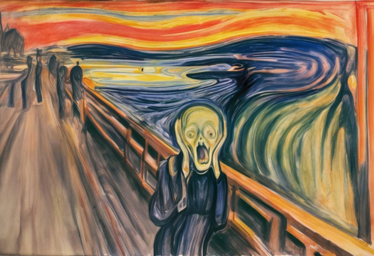 Watercolor painting based depiction of Edvard Munch's iconic painting 'The Scream' is stolen from the National Gallery in Oslo, Norway, by a group of thieves. (1994)