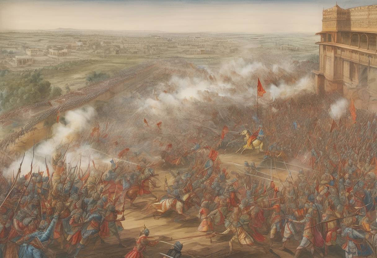 Watercolor painting based depiction of The Third Battle of Panipat takes place, marking a significant conflict between the Maratha Empire and the Durrani Empire in India. (1761)