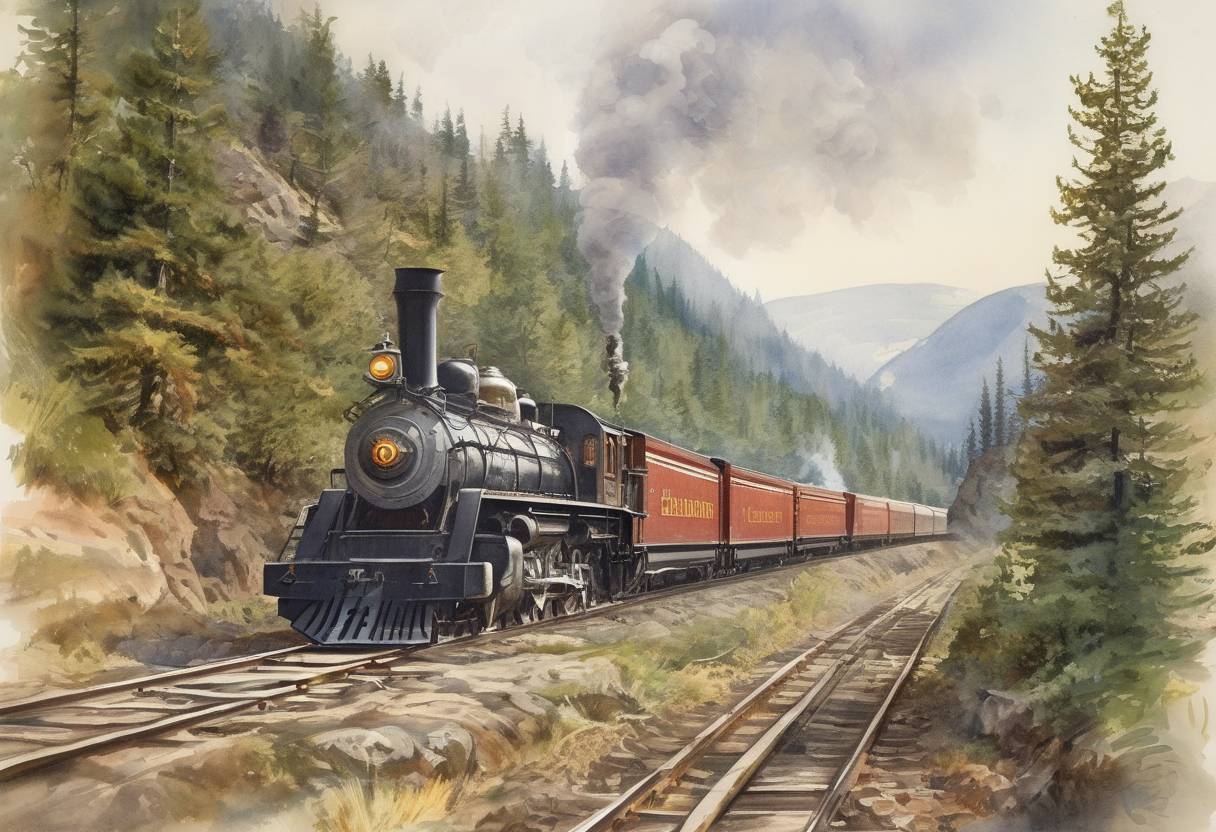 Watercolor painting based depiction of The Canadian Pacific Railway is completed from coast to coast, marking a significant achievement in Canadian history. (1889)