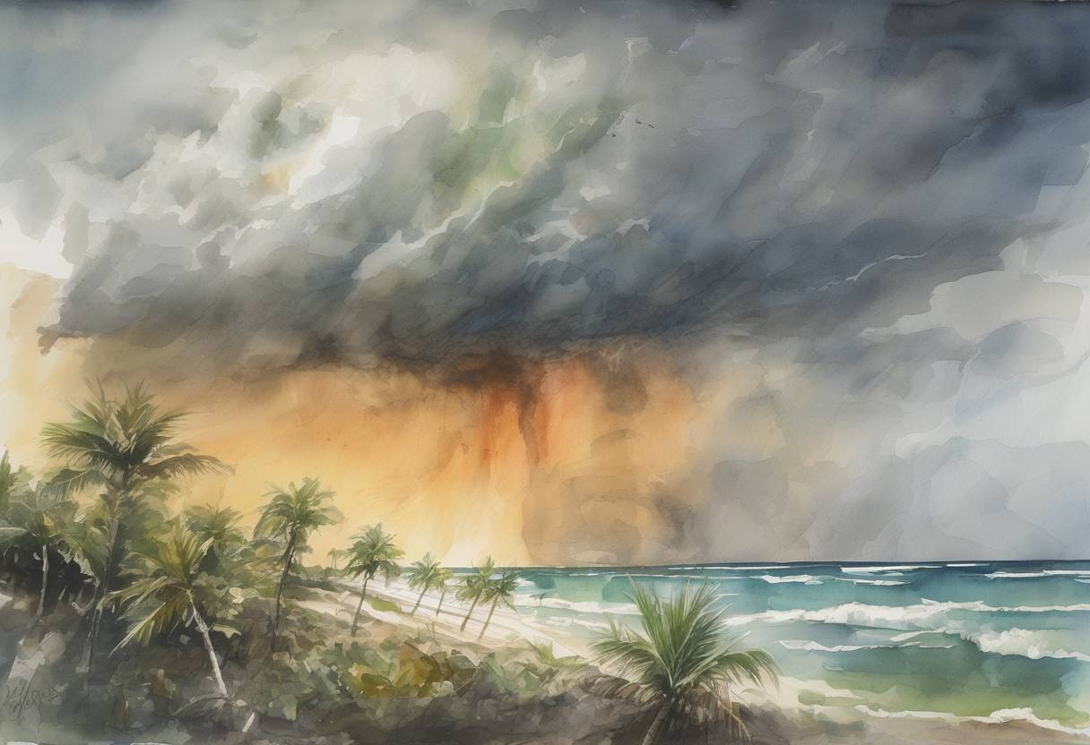 Watercolor painting based depiction of Hurricane Dean makes landfall on the Yucatán Peninsula as a Category 5 storm, causing widespread damage in Mexico and the Caribbean. (2007)