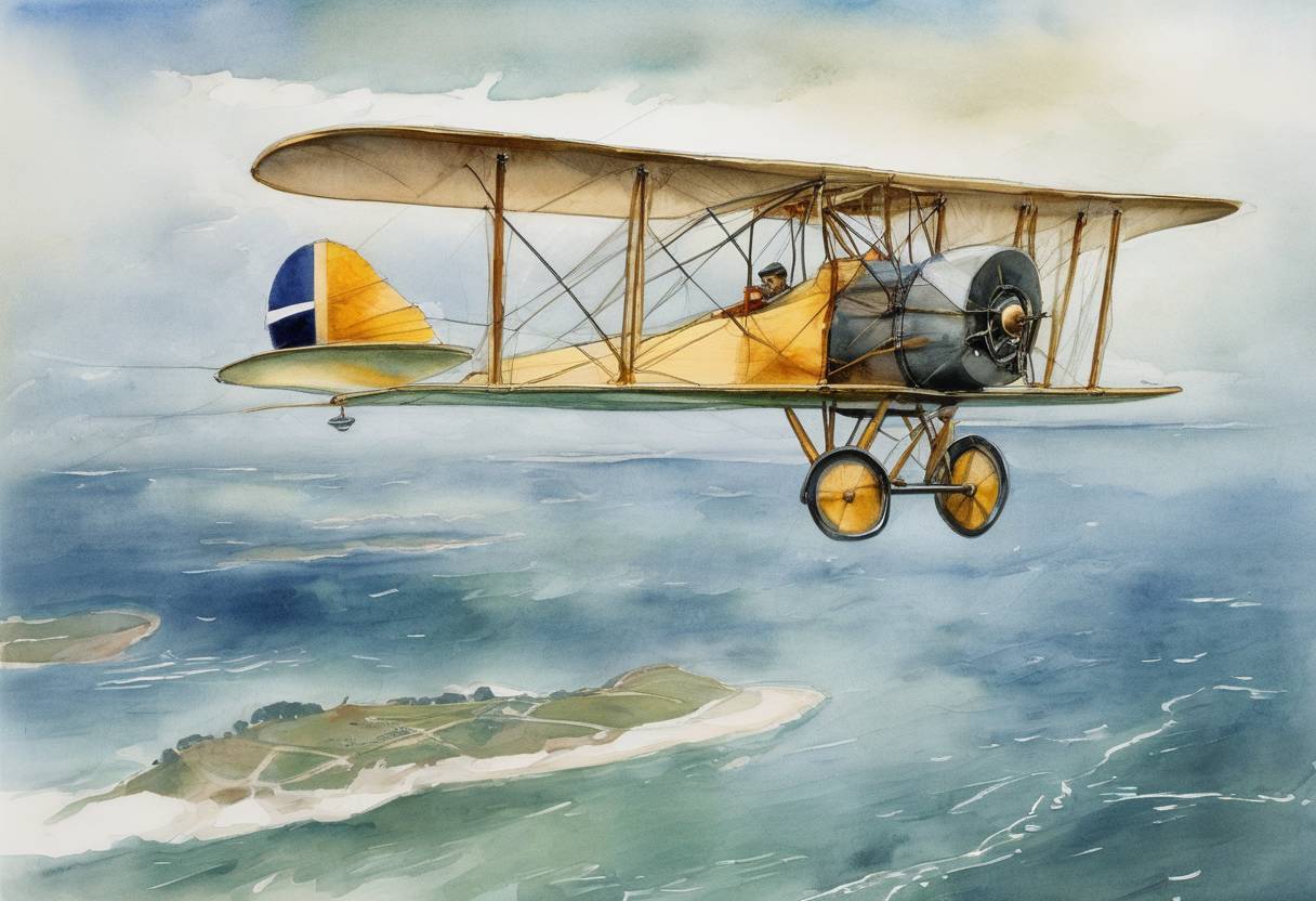 Watercolor painting based depiction of French aviator Louis Blériot made the first flight across the English Channel in a heavier-than-air aircraft, marking a significant achievement in aviation history. (1909)
