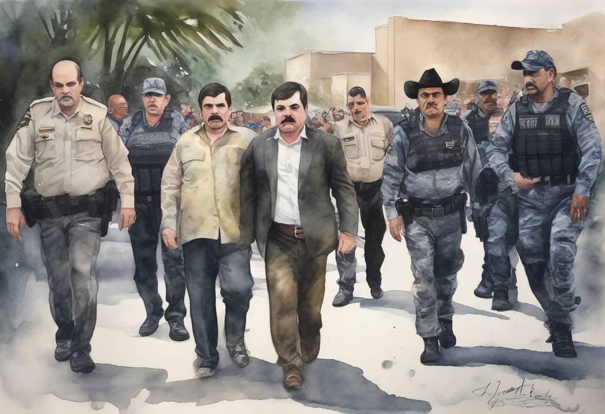 Watercolor painting based depiction of Mexican drug lord Joaquín 'El Chapo' Guzmán is recaptured by Mexican authorities after escaping from prison six months earlier. (2016)