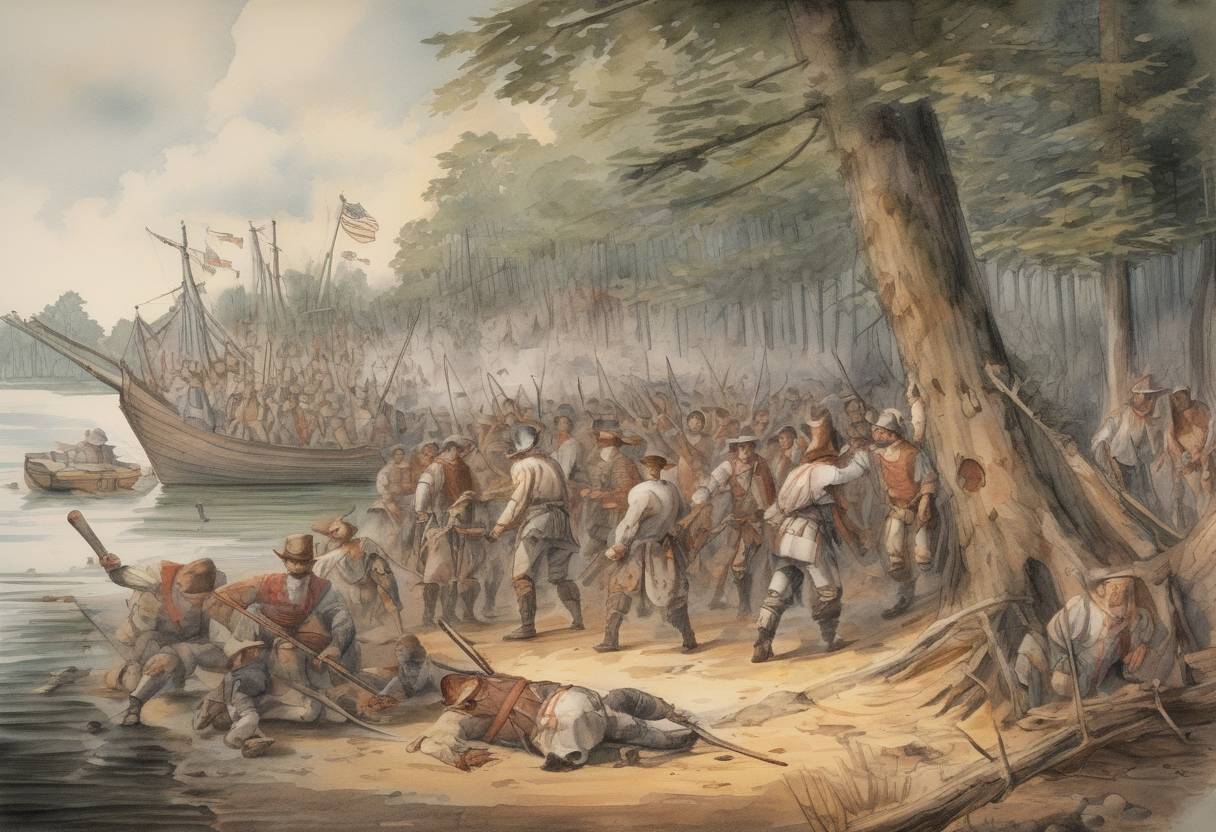 Watercolor painting based depiction of The Jamestown massacre took place, where Algonquian warriors killed 347 English settlers, a third of the colony's population, in and around Jamestown, Virginia. (1622)