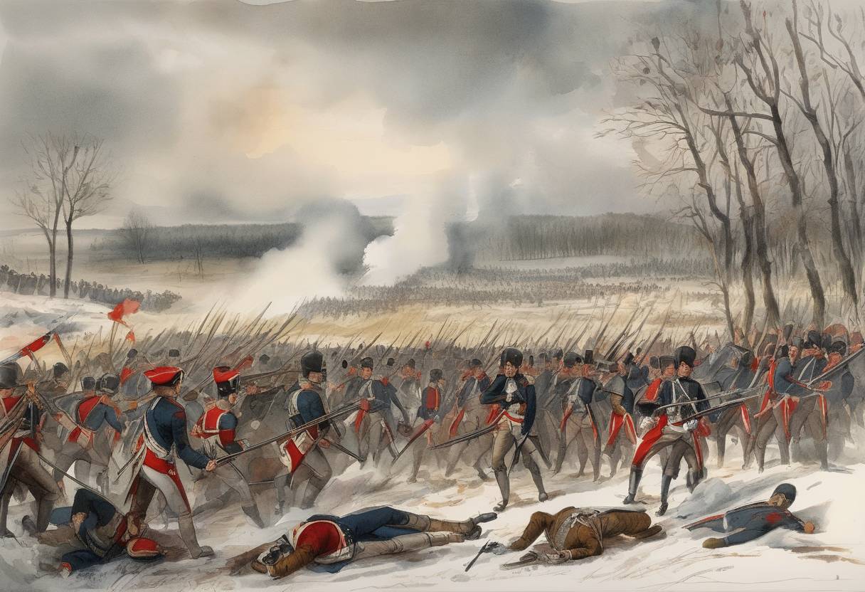 Watercolor painting based depiction of The Battle of Eylau was fought between Napoleon's Grande Armée and the Russian army, resulting in a bloody and inconclusive outcome. (1807)