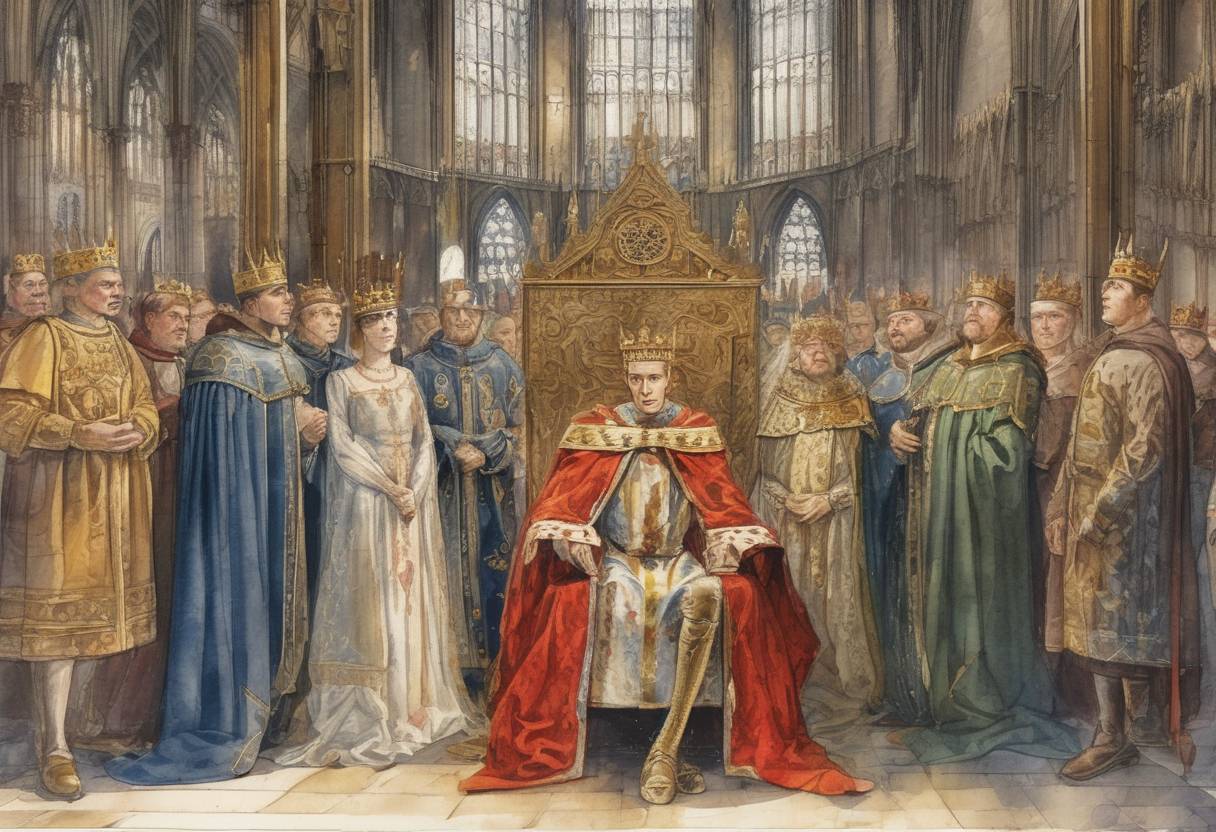 Watercolor painting based depiction of Henry V was crowned King of England at Westminster Abbey. (1413)