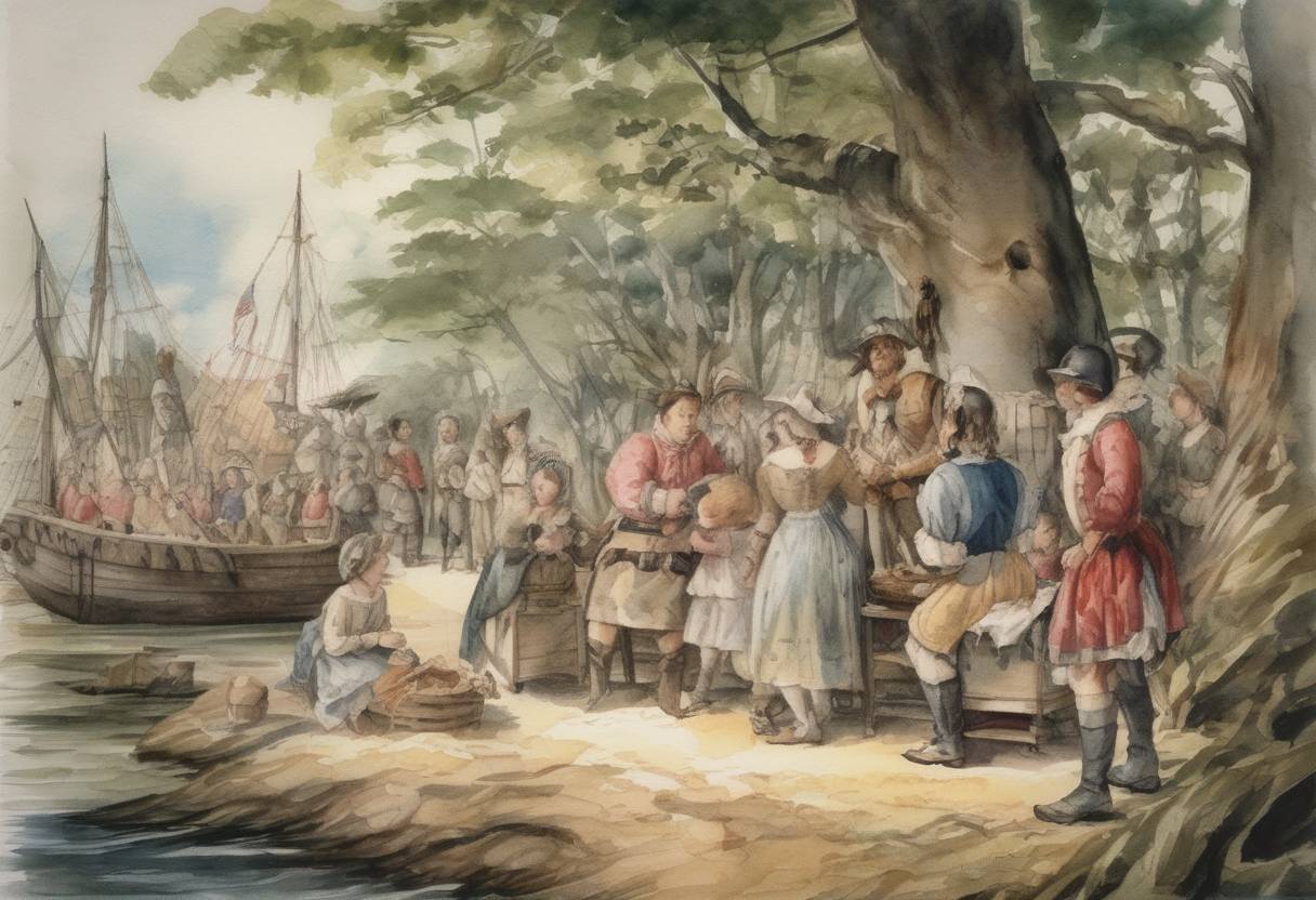 Watercolor painting based depiction of Virginia Dare became the first English child born in the Americas, in the Roanoke Colony. (1587)