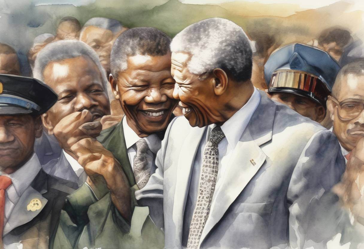 Watercolor painting based depiction of Nelson Mandela is inaugurated as South Africa's first black president. (1994)