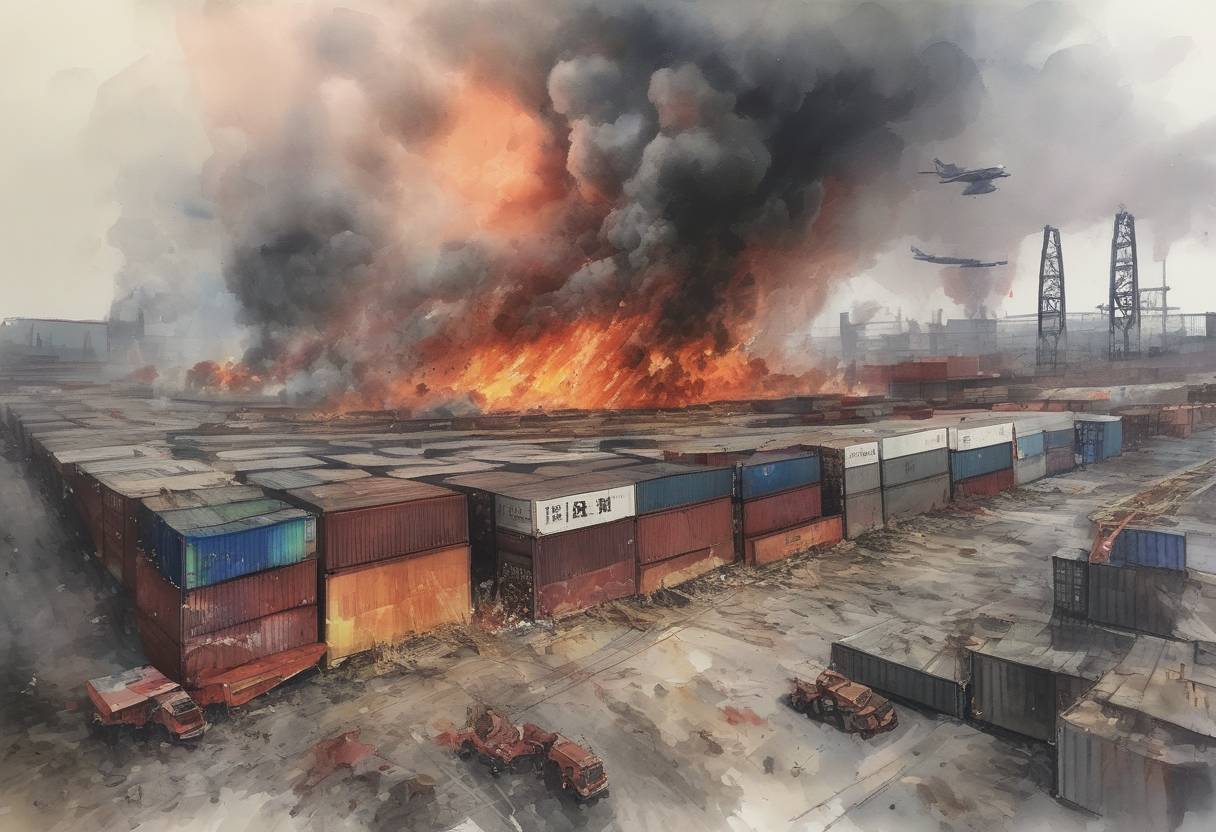 Watercolor painting based depiction of A series of explosions occurred at a container storage station at the Port of Tianjin in China, resulting in 173 deaths and hundreds of injuries. The incident raised concerns about industrial safety standards in China. (2015)