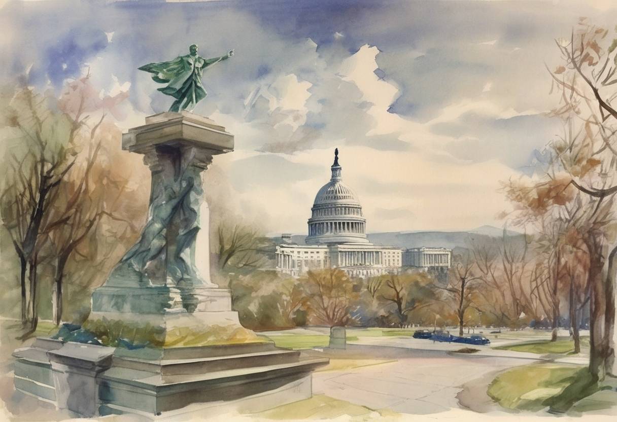 Watercolor painting based depiction of President Harry S. Truman signed the Marshall Plan, officially known as the European Recovery Program, to aid Western Europe's economic recovery after World War II. (1948)