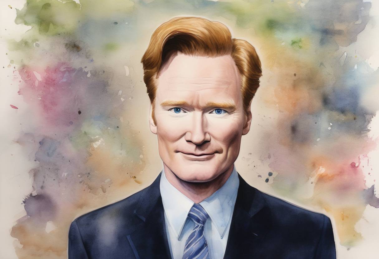 Watercolor painting based depiction of Conan O'Brien hosted his final episode of 'The Tonight Show,' following a public dispute with NBC over the show's timeslot, which led to a reshuffling of the network's late-night lineup. (2010)