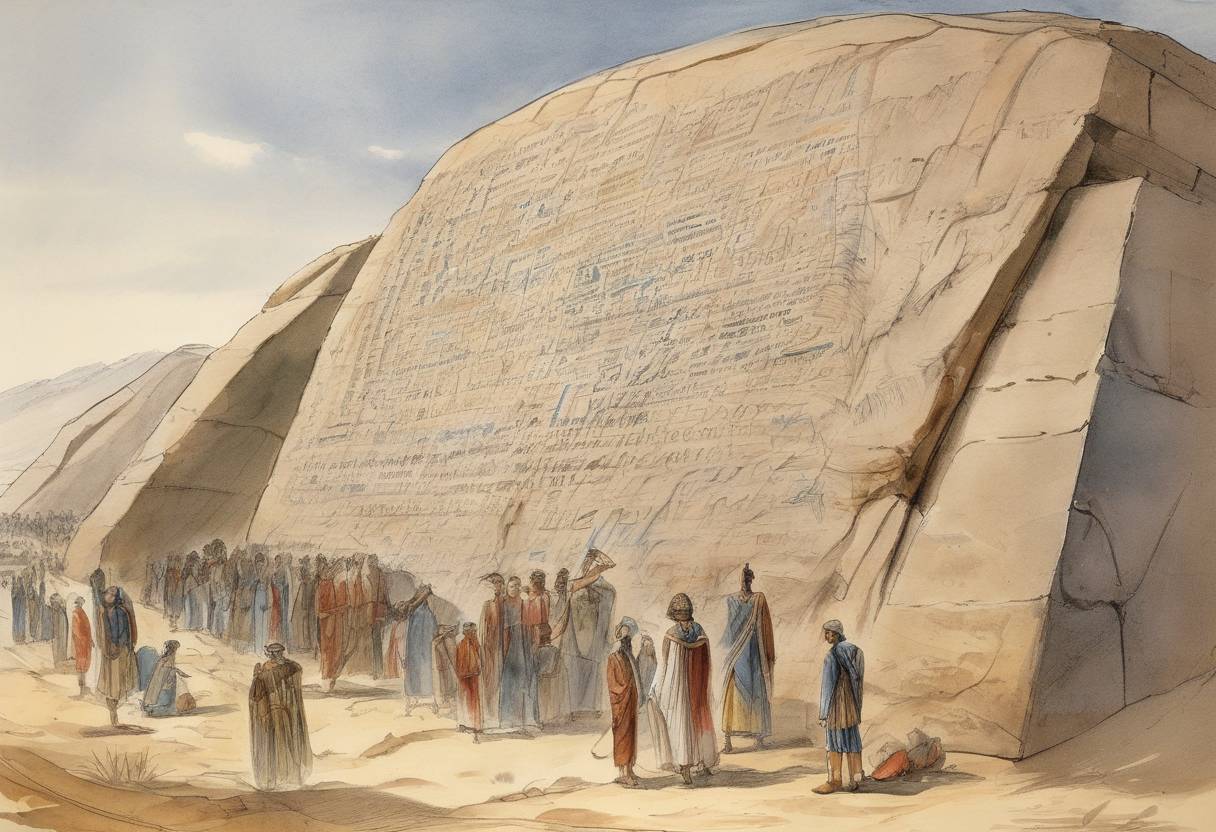 Watercolor painting based depiction of The Rosetta Stone is discovered in the Egyptian village of Rosetta by French soldiers during Napoleon's campaign in Egypt, providing the key to deciphering Egyptian hieroglyphs. (1799)