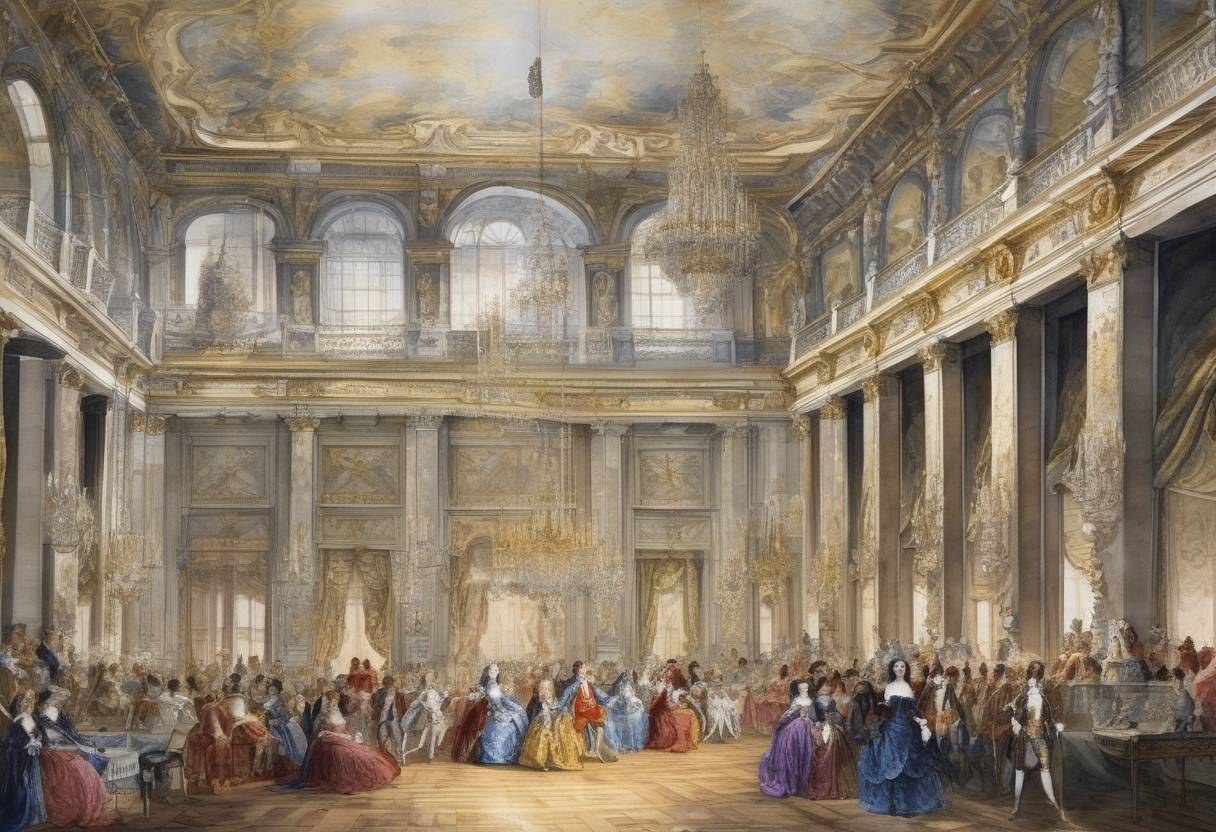 Watercolor painting based depiction of Louis XIV of France moved his court to the Palace of Versailles, symbolizing the absolute monarchy and the centralization of power in France. (1682)