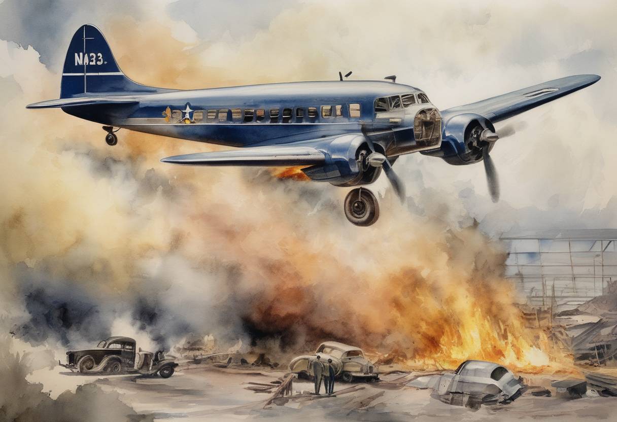 Watercolor painting based depiction of A United Airlines Boeing 247 is destroyed by sabotage, the first proven case of air sabotage in commercial aviation history. (1933)