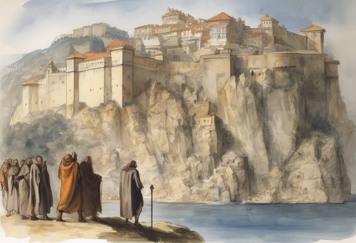Watercolor painting based depiction of Francesco Grimaldi, disguised as a monk, led his men to capture the fortress protecting the Rock of Monaco, marking the beginning of Grimaldi rule over Monaco. (1297)