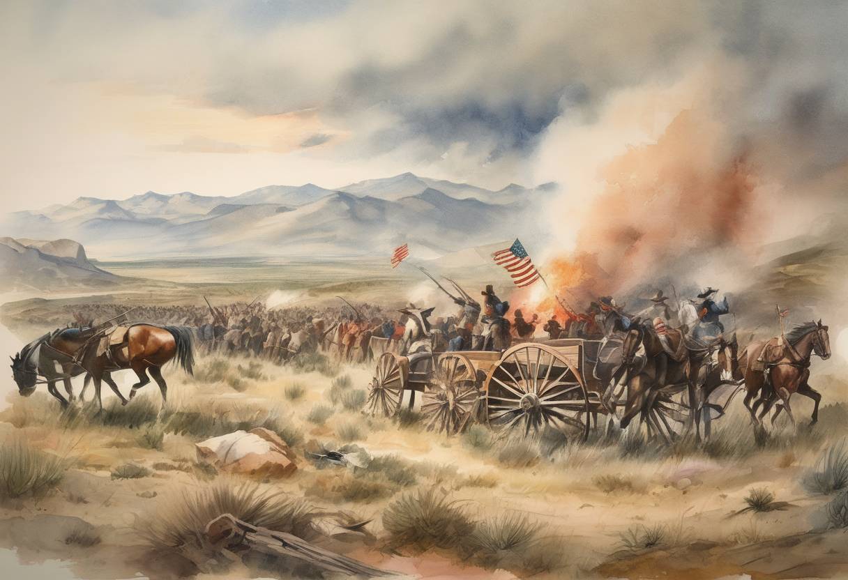 Watercolor painting based depiction of The Mountain Meadows Massacre took place in Utah Territory, where a wagon train was attacked by Mormon militia. (1857)
