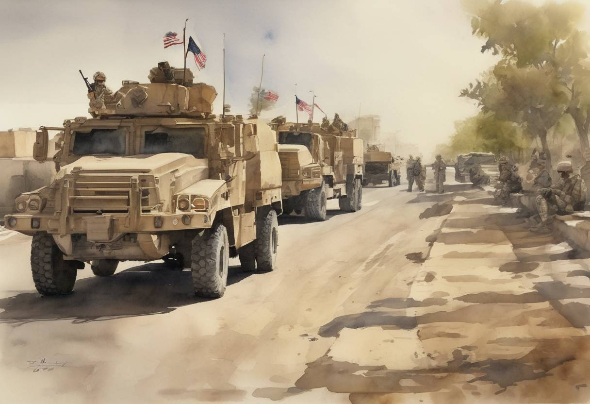Watercolor painting based depiction of The last convoy of U.S. troops left Iraq, marking the official end of the U.S. military mission in the country after nearly nine years of war. (2011)