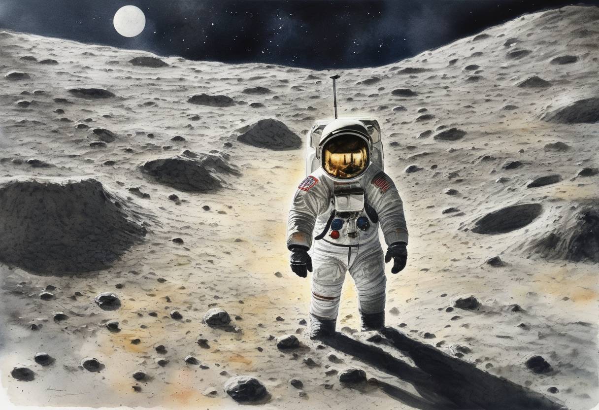 Watercolor painting based depiction of Apollo 12 astronauts Charles Conrad and Alan Bean became the third and fourth humans to walk on the Moon. (1969)