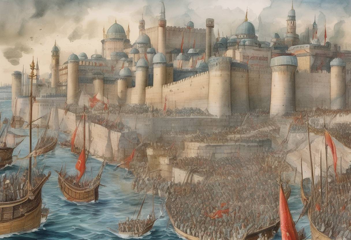 Watercolor painting based depiction of Mehmed II, the Ottoman Sultan, began the siege of Constantinople, which would eventually lead to the fall of the Byzantine Empire. (1453)