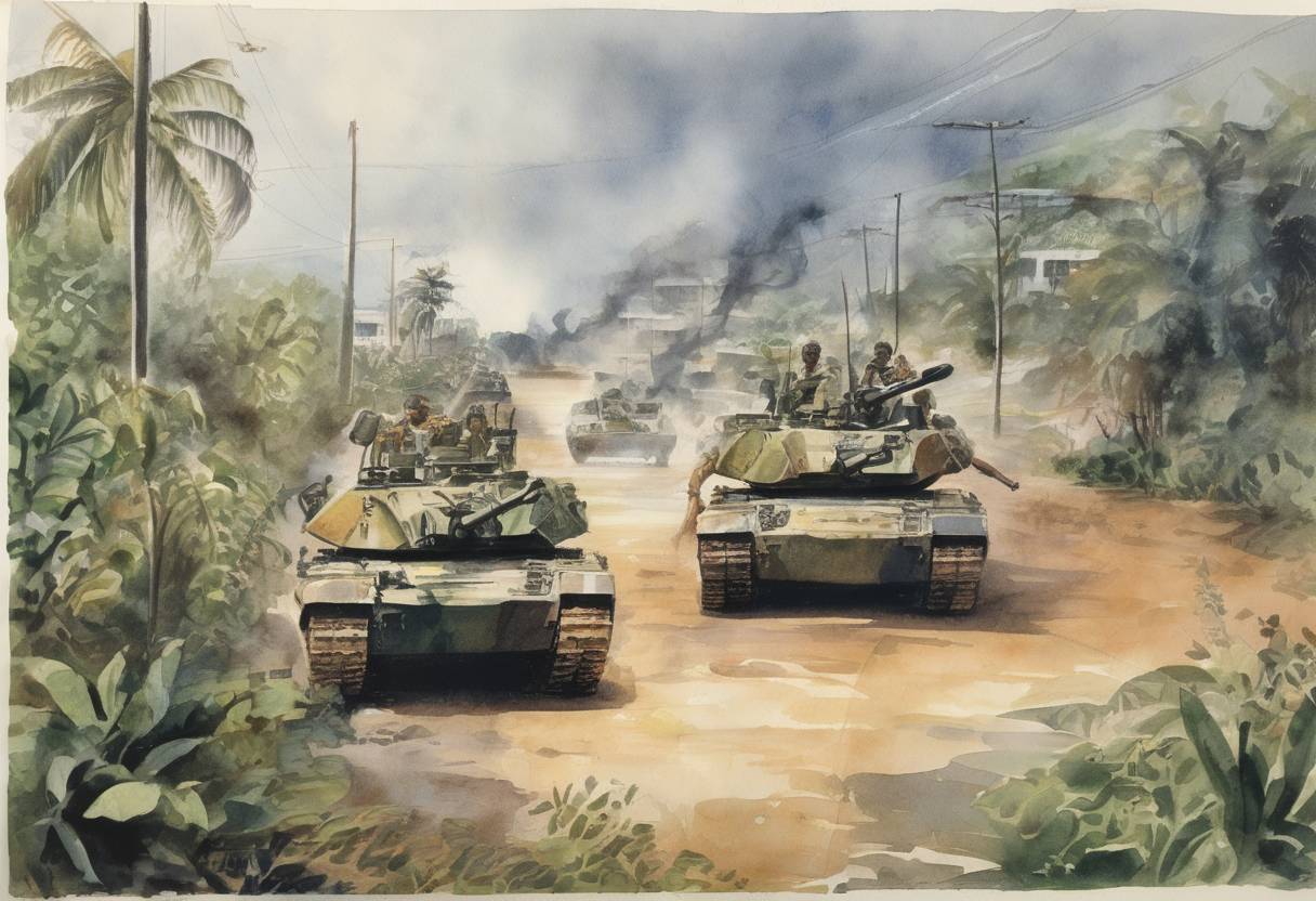 Watercolor painting based depiction of The United States invaded Grenada in Operation Urgent Fury, citing concerns over the safety of American citizens and the presence of a Marxist government. The invasion resulted in a change of government in Grenada. (1983)