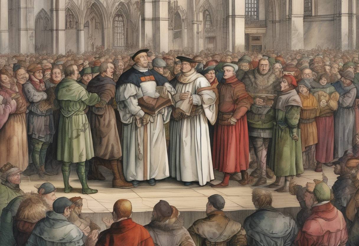 Watercolor painting based depiction of Martin Luther arrived in Worms for the Diet of Worms, where he was asked to recant his teachings. (1521)