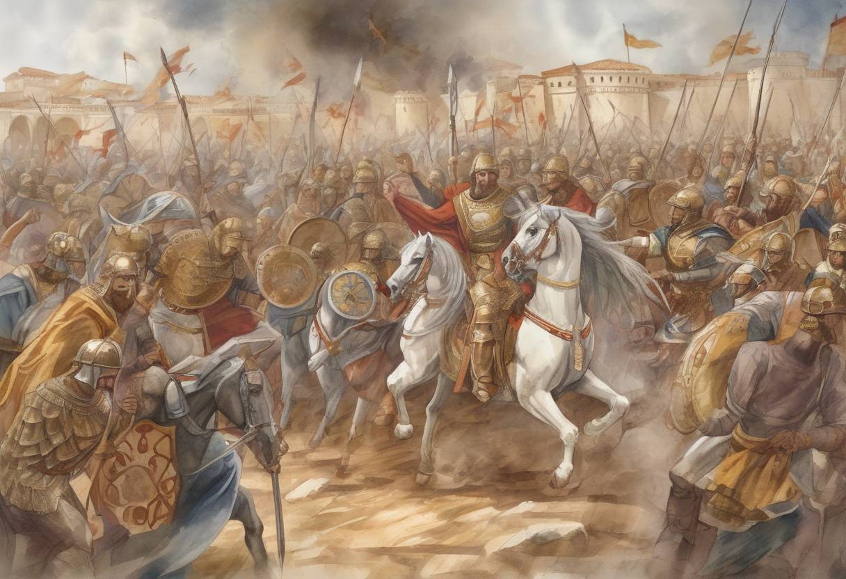 Watercolor painting based depiction of The Byzantine Empire, under Emperor Constantine V, achieves a significant victory over the Abbasid Caliphate at the Battle of Anchialus. (763)