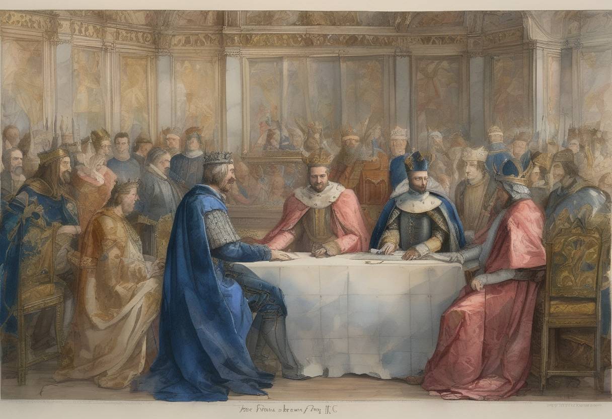 Watercolor painting based depiction of The Treaty of Paris is signed between King Louis IX of France and King Henry III of England, ending a series of conflicts between the two nations. (1259)
