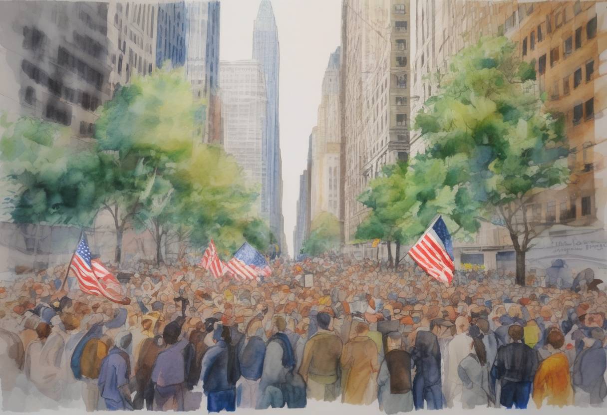 Watercolor painting based depiction of Occupy Wall Street, a protest movement against economic inequality and the influence of corporate money in politics, began in Zuccotti Park in New York City. (2011)