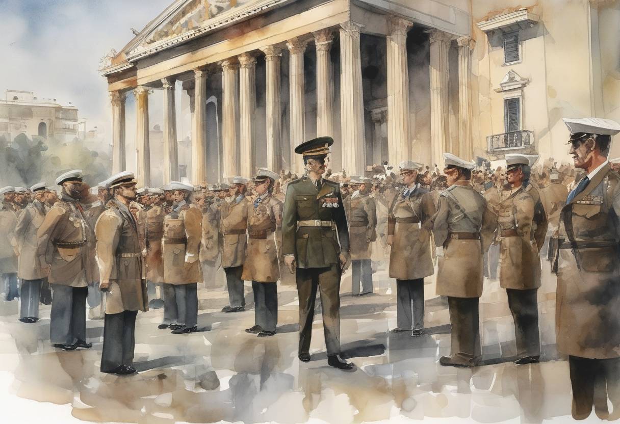 Watercolor painting based depiction of Greek dictator George Papadopoulos was ousted in a military coup led by Brigadier General Dimitrios Ioannidis. (1973)