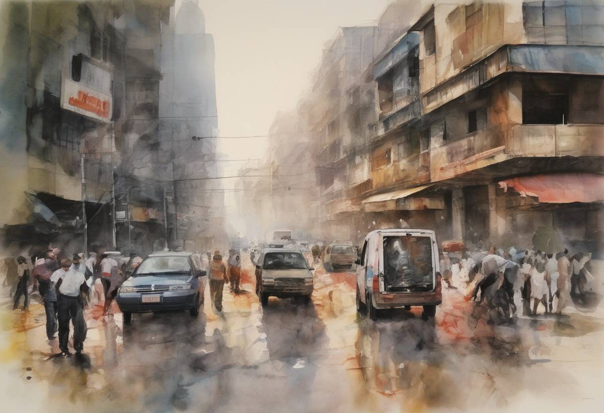 Watercolor painting based depiction of The coordinated terrorist attacks in Mumbai, India, continued for a second day, resulting in over 160 deaths and hundreds of injuries. (2008)