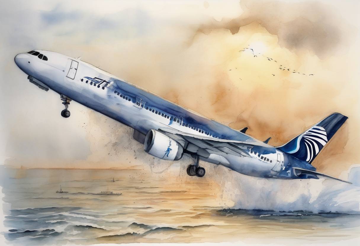 Watercolor painting based depiction of EgyptAir Flight 990 crashes into the Atlantic Ocean off the coast of Massachusetts, killing all 217 people on board. (1999)
