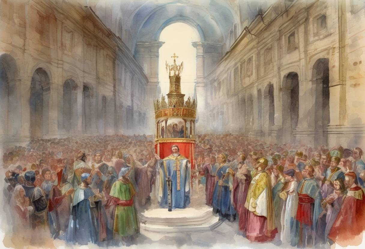 Watercolor painting based depiction of Stephen I of Hungary is crowned the first King of Hungary, establishing the Christian Kingdom of Hungary and marking a significant step in the Christianization of Central Europe. (1000)