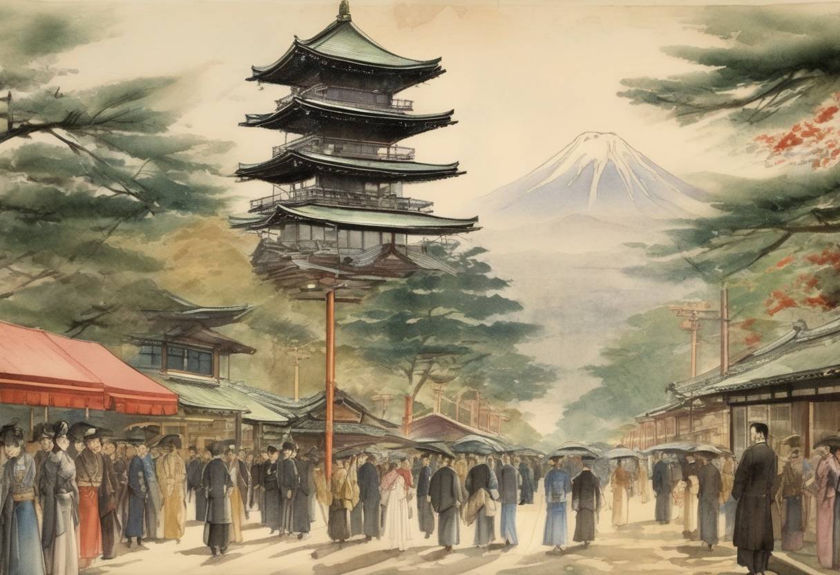 Watercolor painting based depiction of The Meiji Constitution came into effect in Japan, establishing a form of constitutional monarchy. (1890)