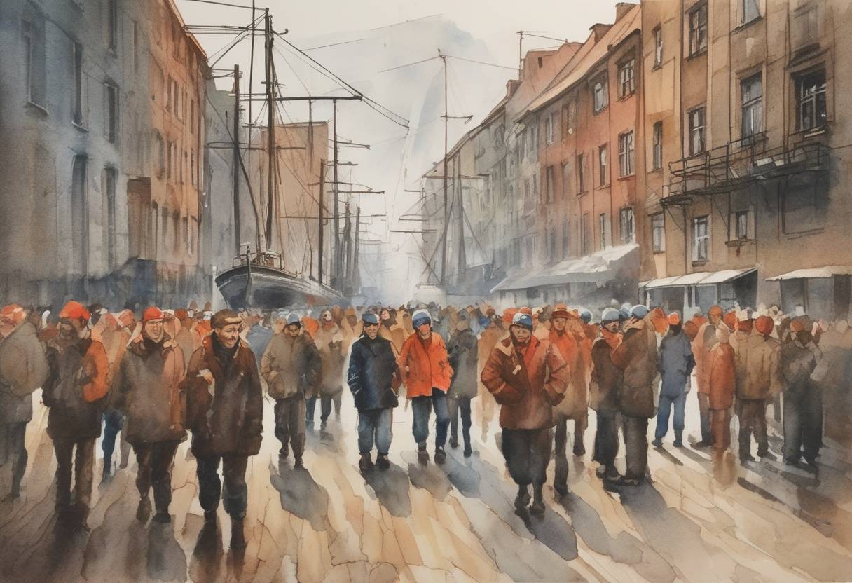 Watercolor painting based depiction of The Polish government agreed to the demands of striking shipyard workers in Gdańsk, leading to the formation of the Solidarity movement, the first independent labor union in a Soviet-bloc country. (1980)