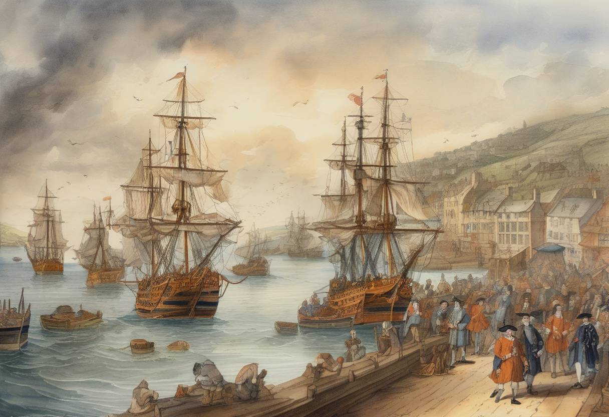 Watercolor painting based depiction of William of Orange landed at Brixham, England, beginning the Glorious Revolution. (1688)