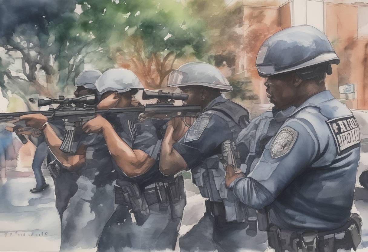 Watercolor painting based depiction of A sniper attack occurred in Dallas, Texas, during a protest against police shootings of African Americans. Five police officers were killed, and nine others were injured. The gunman was later killed by a robot-delivered bomb. (2016)