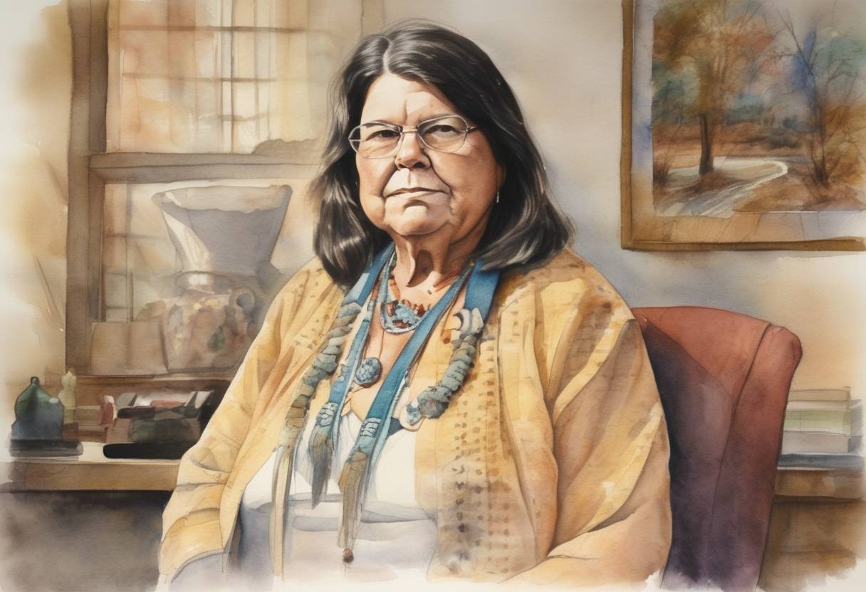 Watercolor painting based depiction of Wilma Mankiller became the first female Principal Chief of the Cherokee Nation, marking a significant milestone in Native American history and women's leadership. (1985)