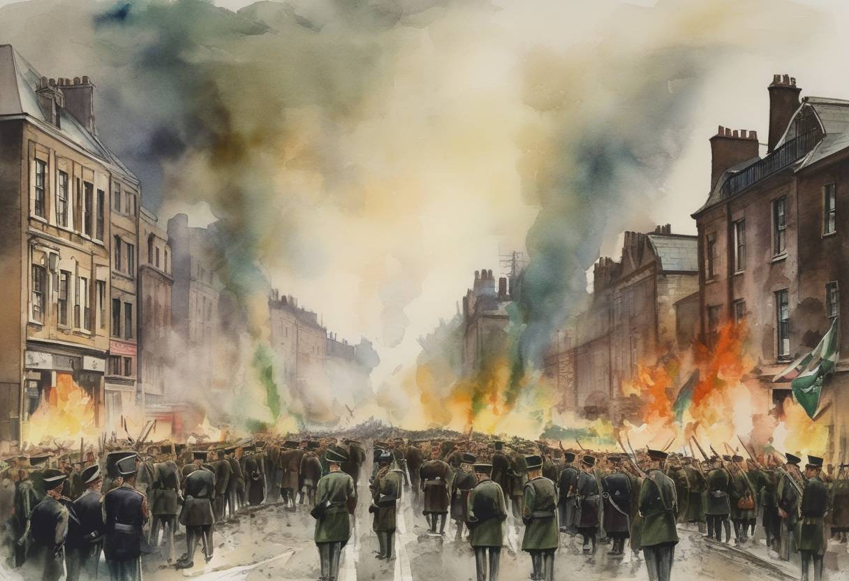 Watercolor painting based depiction of The Easter Rising began in Dublin, Ireland, as Irish republicans launched an armed insurrection against British rule. (1916)