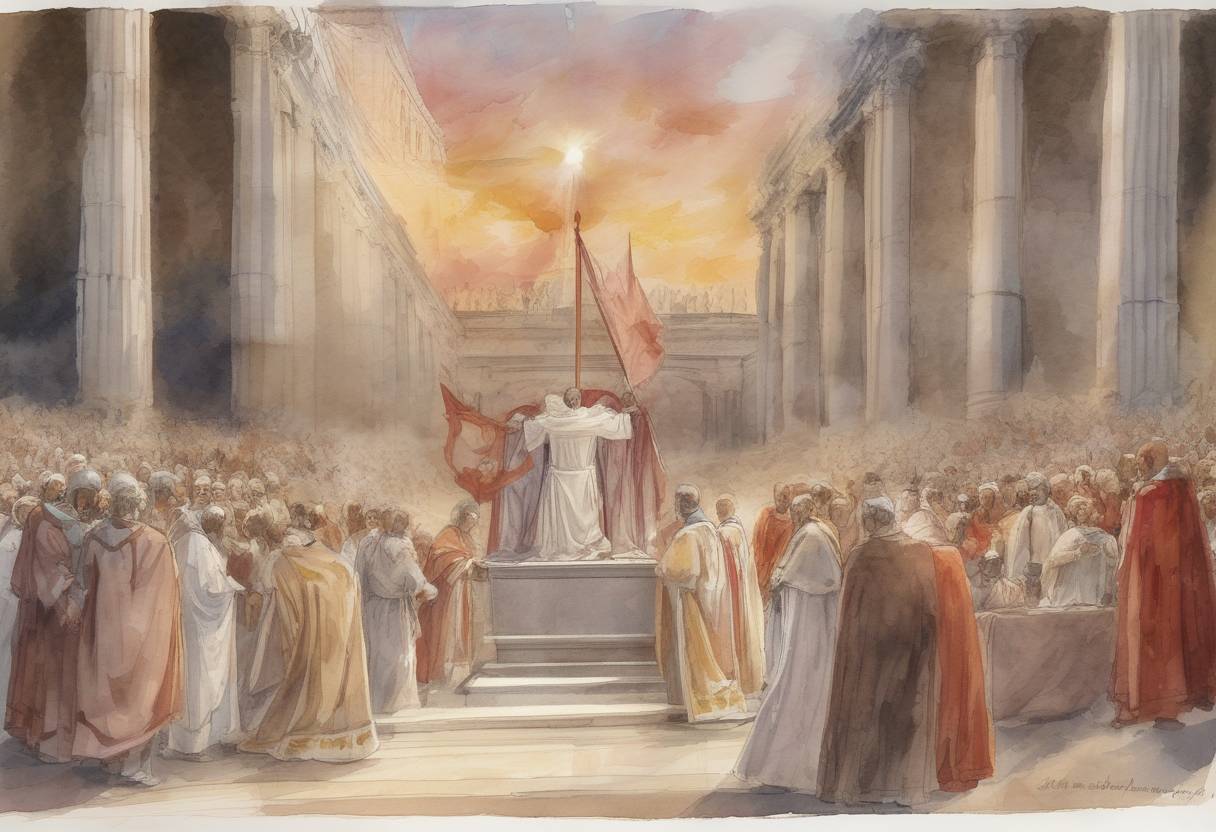 Watercolor painting based depiction of The death of Pope Leo I, also known as Leo the Great, who was one of the most significant popes of the early Christian Church. He is remembered for his theological contributions and his role in asserting the authority of the papacy. (461)