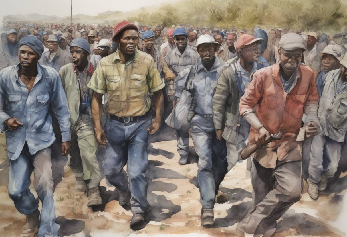 Watercolor painting based depiction of The Marikana miners' strike began in South Africa, leading to a series of protests and a tragic massacre later in the month. (2012)