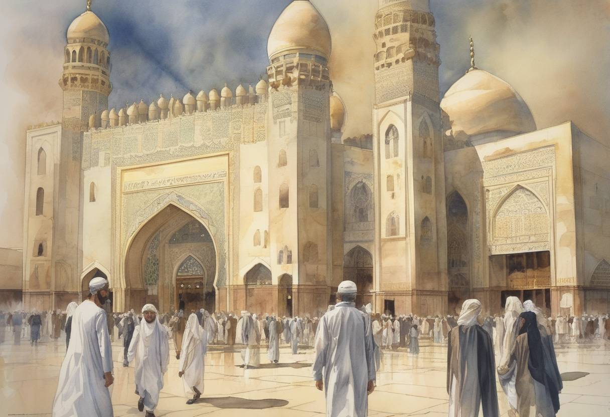Watercolor painting based depiction of Grand Mosque seizure: About 200 Sunni Muslim insurgents seize the Grand Mosque in Mecca, Saudi Arabia, taking hostages and causing a two-week siege. (1979)